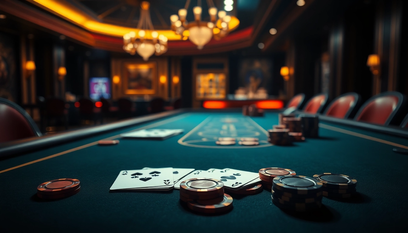 tkp188 menunjukkan suasana kasino yang dramatis dengan meja poker dan chip yang menarik.