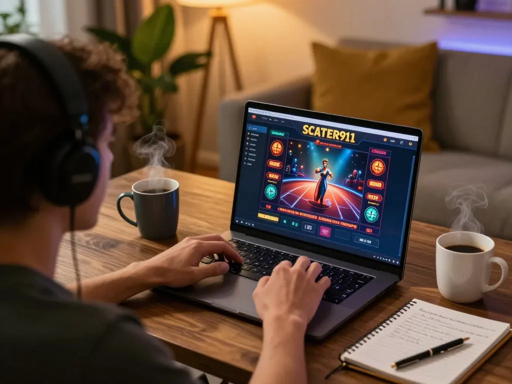 Engaging online gambling experience on SCATTER911 platform with player focused on laptop screen.