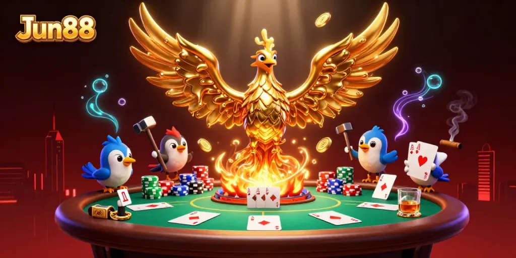 Ngắm Jun88 với chú phượng hoàng bằng vàng và trò chơi poker đầy sắc màu.