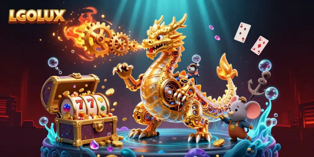 Experience the excitement of LGOLUX with a golden dragon and captivating casino elements.