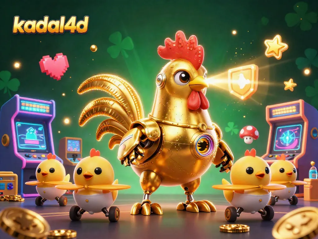 Experience thrilling action with kadal4d's golden rooster robot laser engraving winning patterns amid vibrant gaming elements.