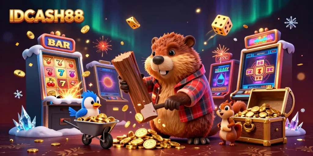 Join the excitement with IDCASH88 as the lumberjack beaver battles for gold in a vibrant casino scene.