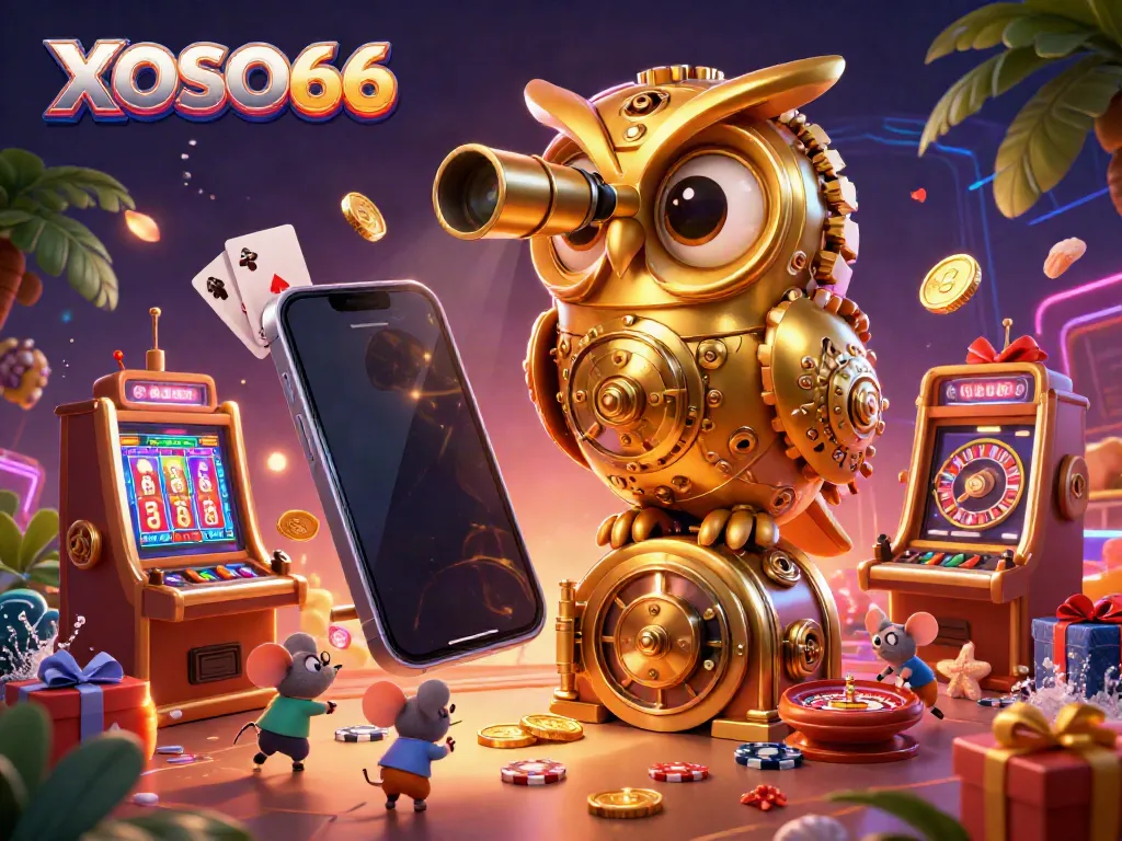 XOSO66 showcases a vibrant casino scene with a golden owl and lively gaming elements.