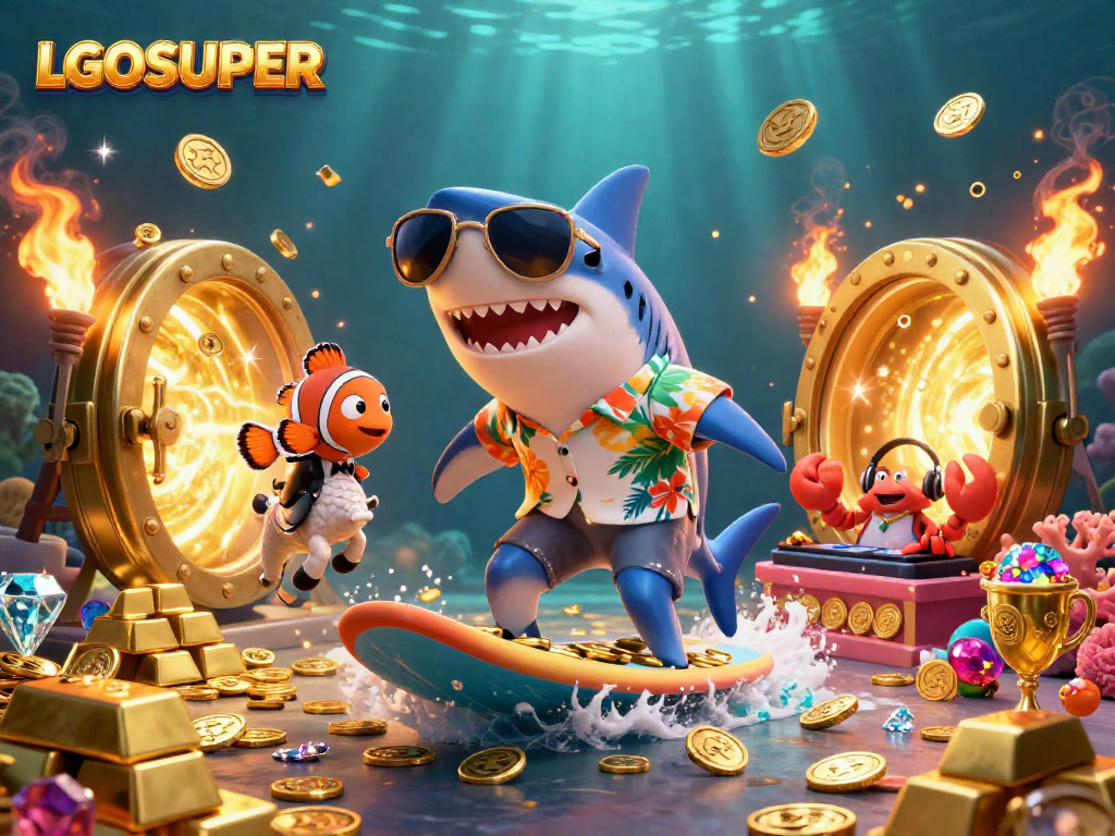 Experience the thrill of LGOSUPER with a vibrant mini casino scene featuring characters and dazzling treasure in action.