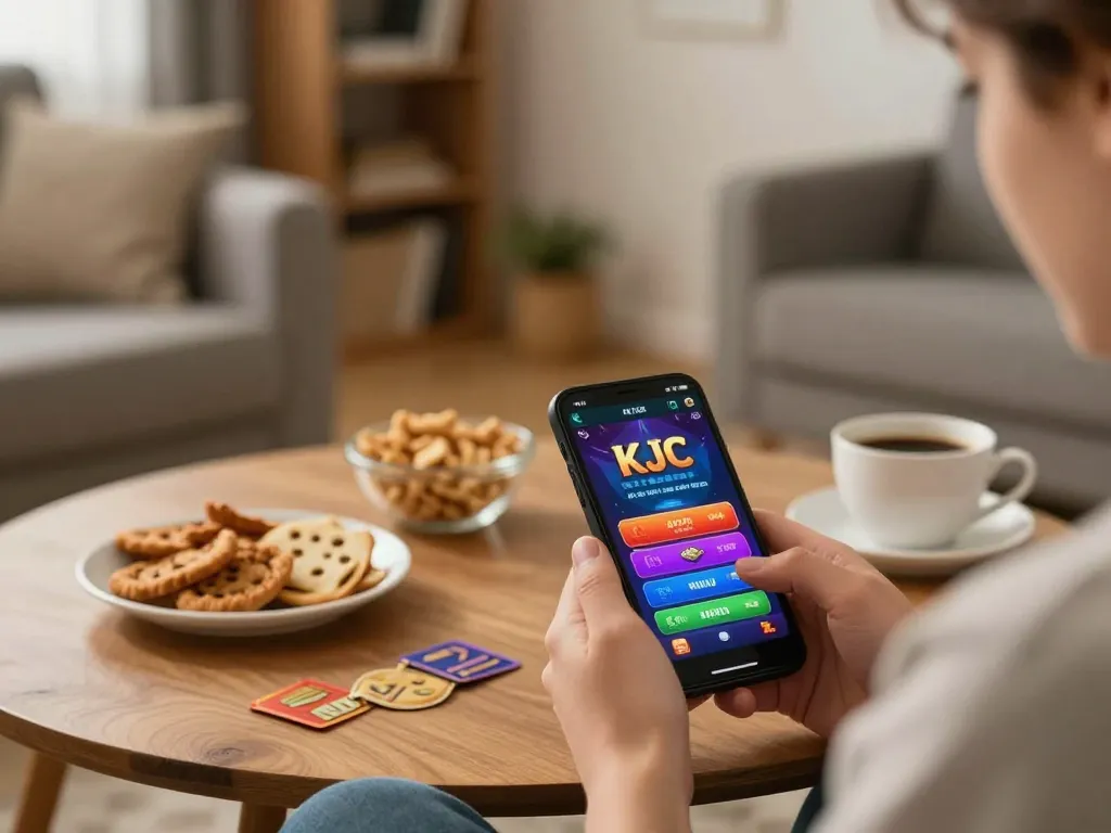 KJC gaming app in use, showcasing mobile gameplay in a cozy home setting.