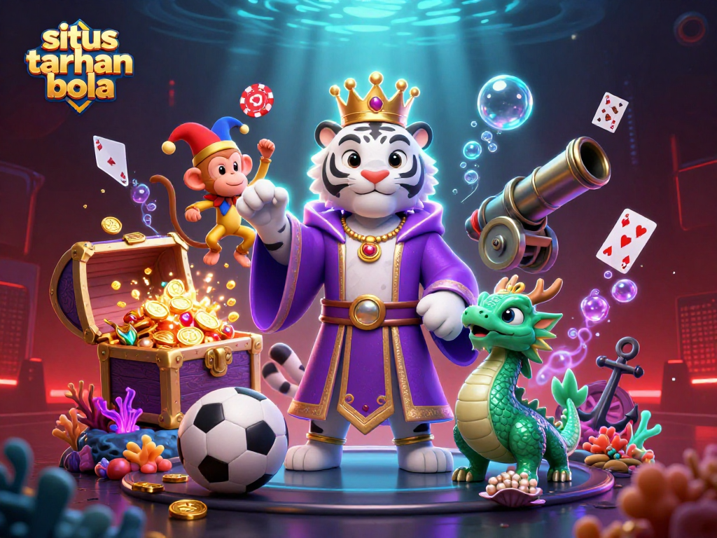 Experience the thrill of situs taruhan bola with a vibrant 3D casino scene featuring a lively tiger, monkey, and dragon.