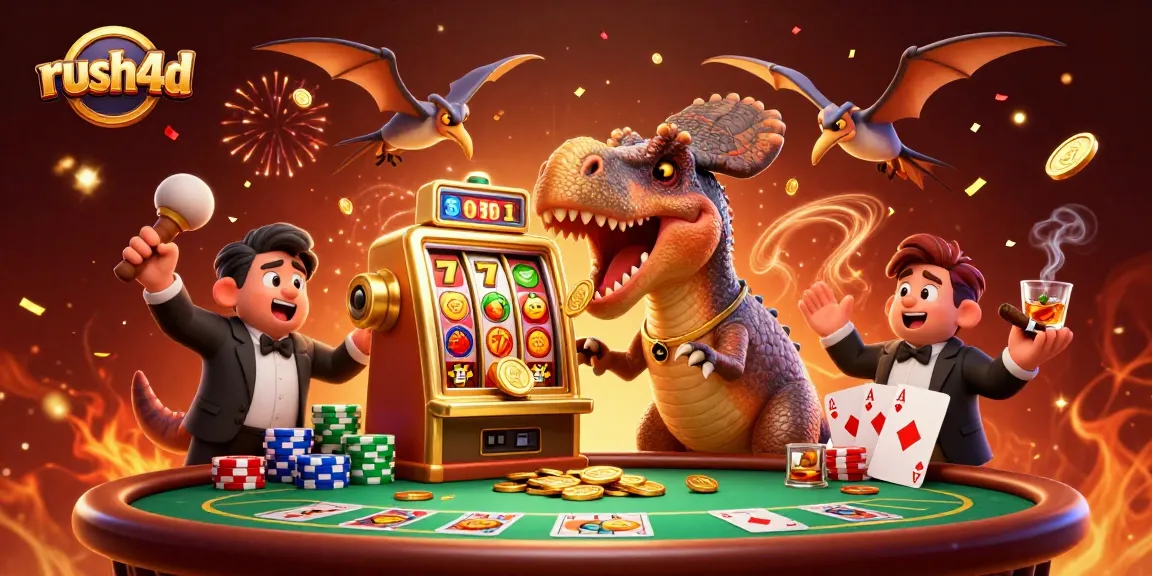 Rush4d menampilkan pachycephalosaurus memukul mesin slot emas, dikelilingi elemen kasino kaya.