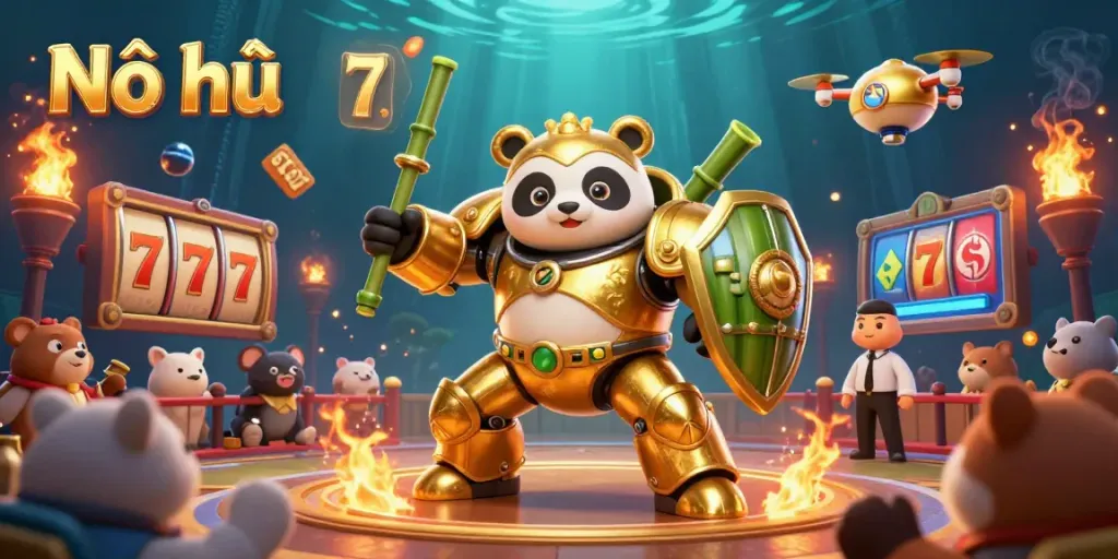 Nổ hũ slot game scene showcasing a golden panda in a robot fighting a jackpot backdrop.