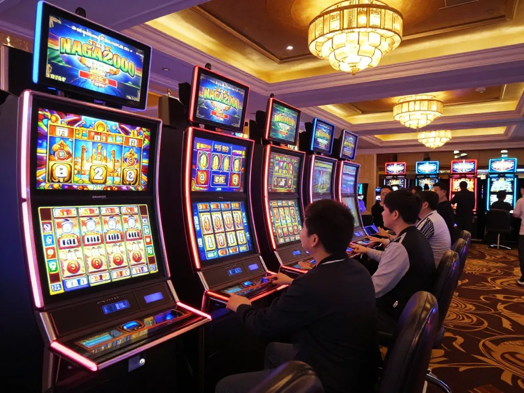 NAGA2000 players enjoying colorful slot machines in a vibrant casino, capturing exciting gaming moments.