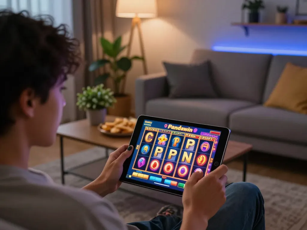 Pemain Pandawin terlibat dengan permainan slot yang mendebarkan di tablet dalam suasana rumah yang nyaman.