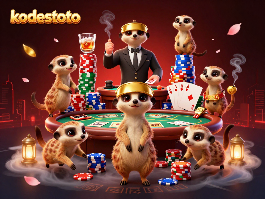 Engage with kodestoto's thrilling casino scene featuring meerkats playing poker amidst vibrant casino elements.