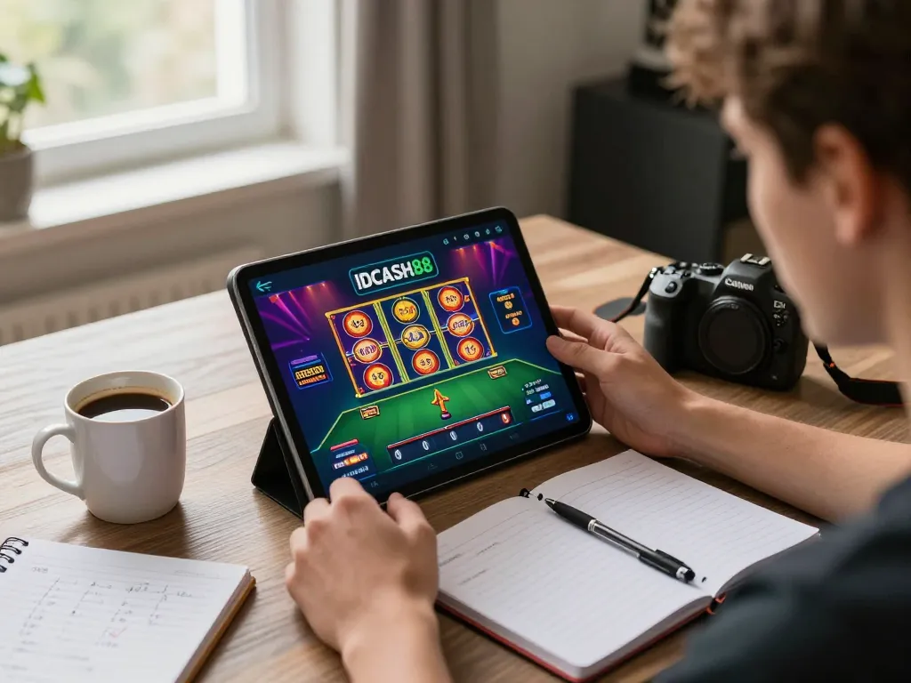IDCASH88 online gaming action with player focused on tablet showcasing vibrant slot graphics