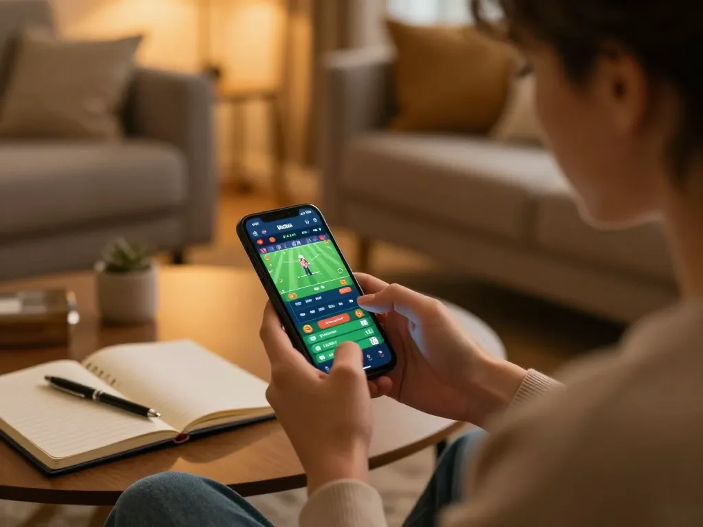 LGO99 user engaged in mobile sports betting with a thoughtful strategy in a cozy living room.