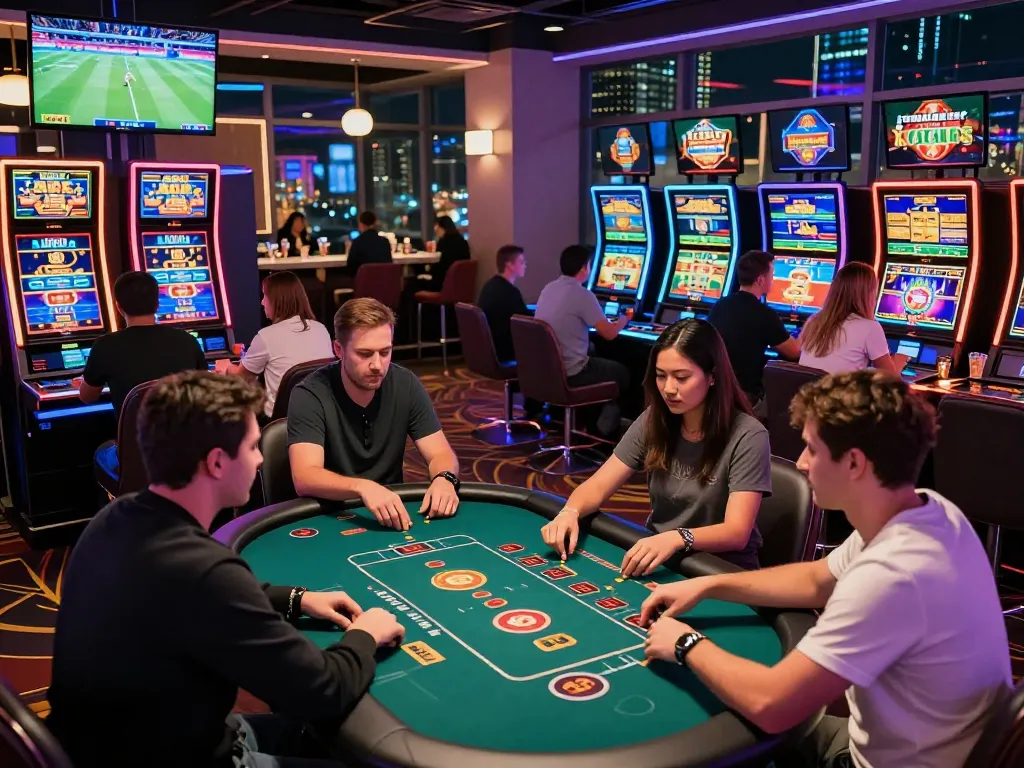 Exciting gaming atmosphere at XX88 with diverse players enjoying slots and table games in a vibrant city setting.