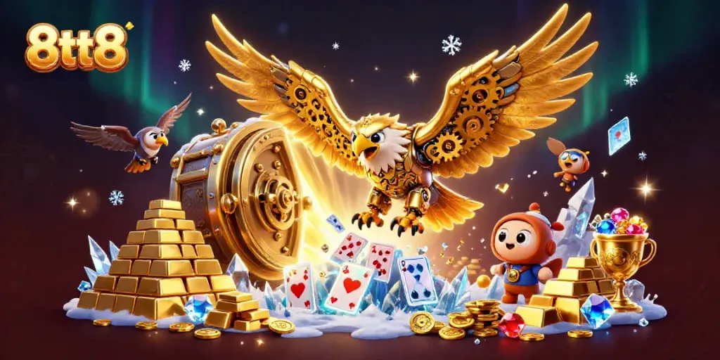 Experience thrilling gaming action with 8tt8 in an epic 3D casino scene with a golden eagle and holographic cards.