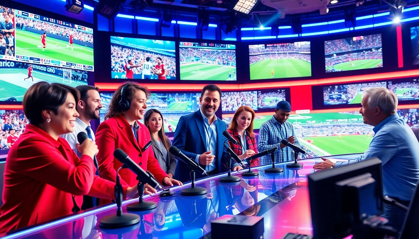 Engaging scene in sports broadcasting studio showcasing diverse broadcasters discussing live events.