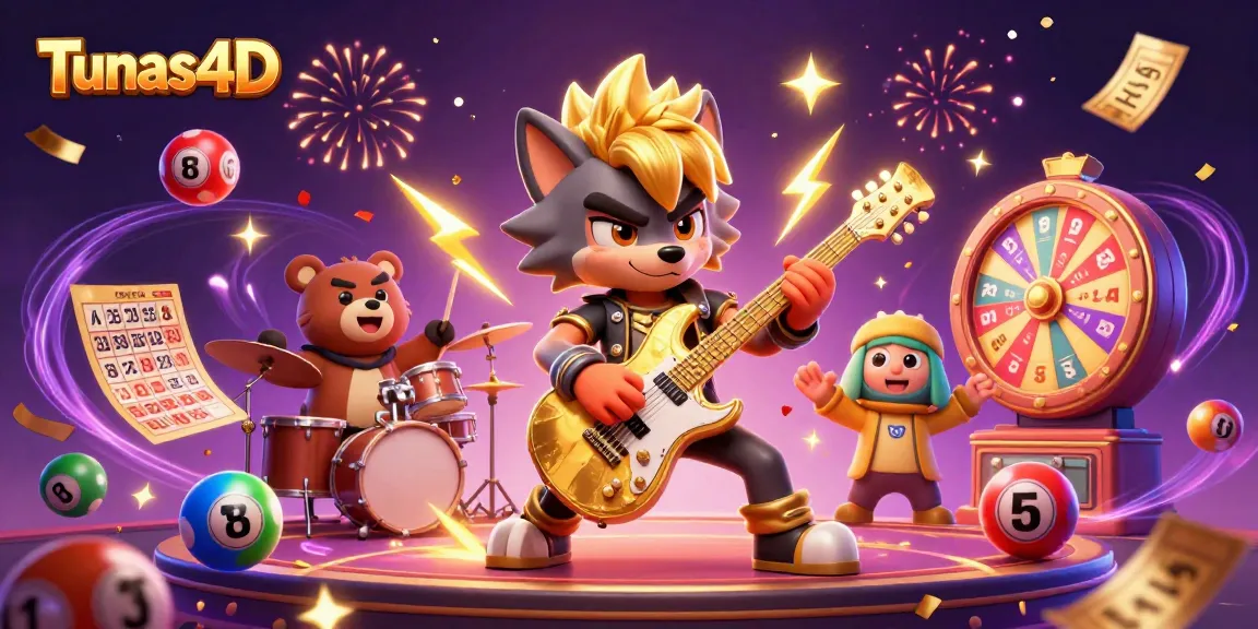 Tunas4D inspires excitement as a rock star wolf plays an electric guitar on stage with lottery elements.
