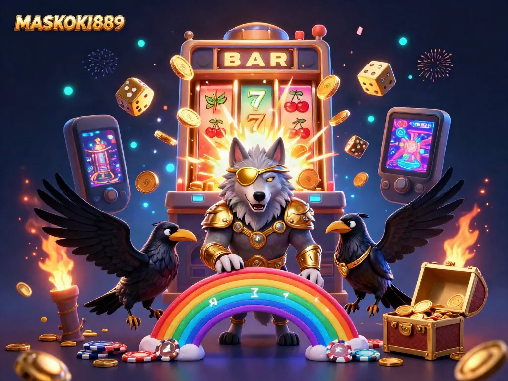 Experience the excitement of MASKOKI889 with Odin wolf amidst jackpot rewards and vibrant casino elements.