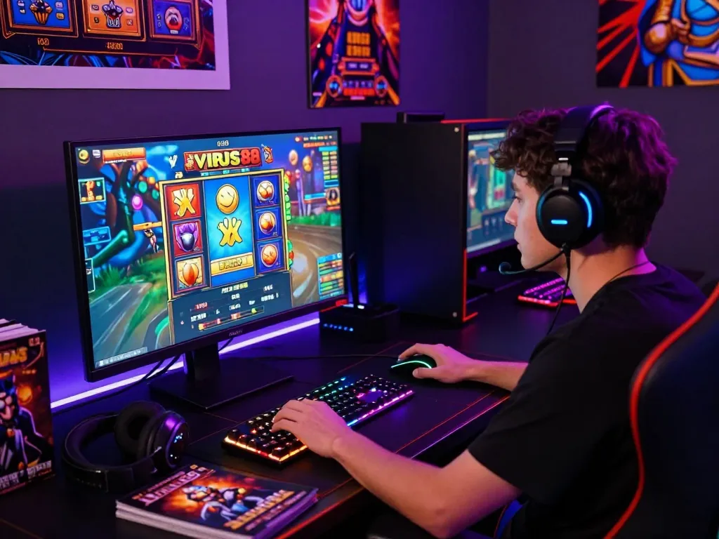 Gamer yang terlibat di slot online VIRUS88 dengan pengaturan yang diterangi, peralatan gaming yang ramping, dan atmosfer yang hidup
