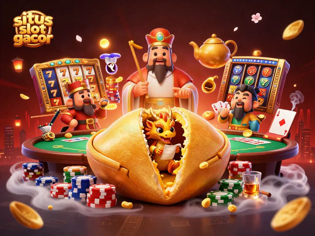 Menggenggam situs slot gacor, ilustrasi 3D dengan kue keberuntungan, naga bijak, dan elemen kasino menarik lainnya.