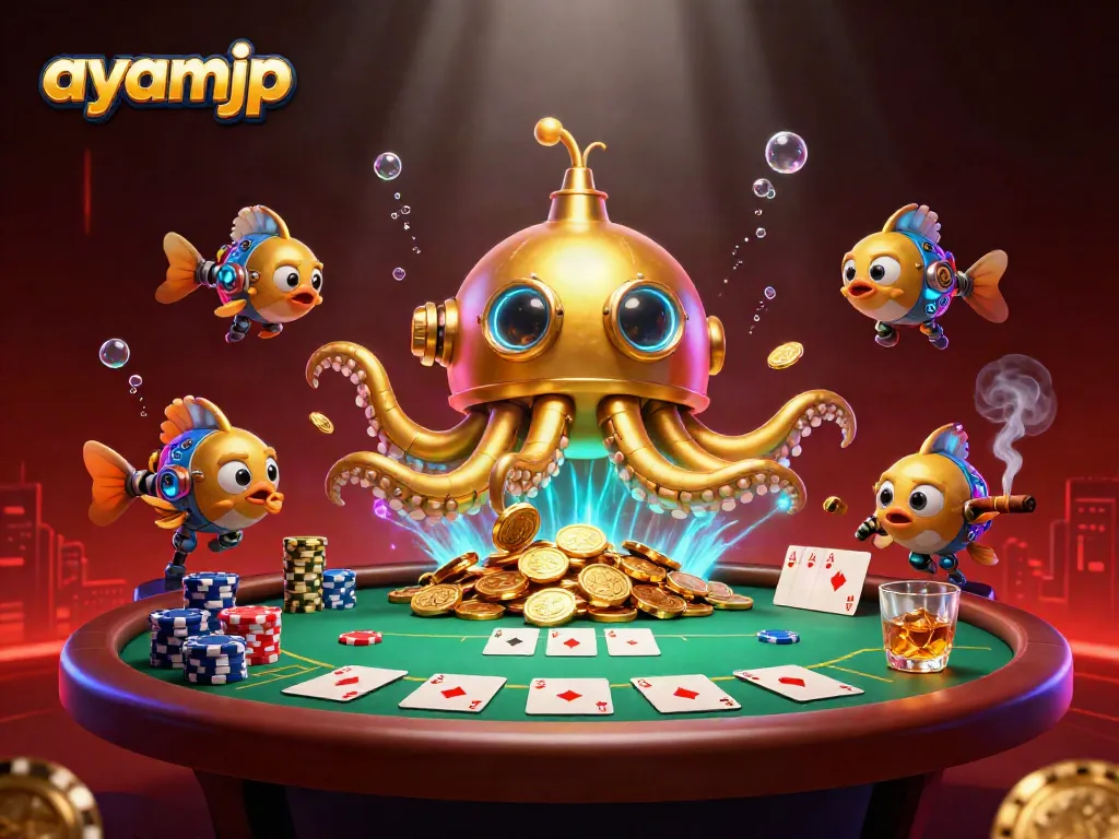 Play winning strategies in AYAMJP casino with a vibrant underwater scene filled with poker elements.