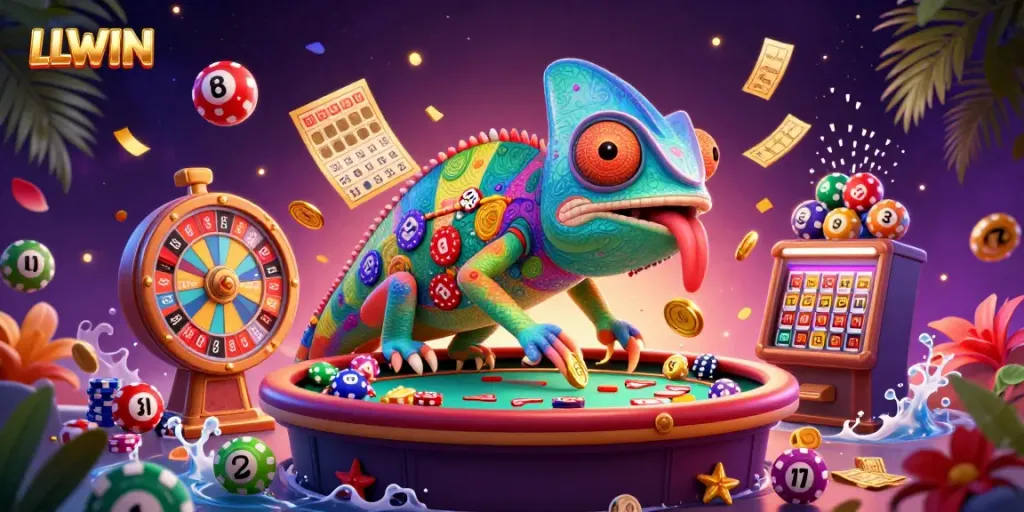 LLWIN showcases a lively casino scene with a chameleon owner and vibrant lottery elements.