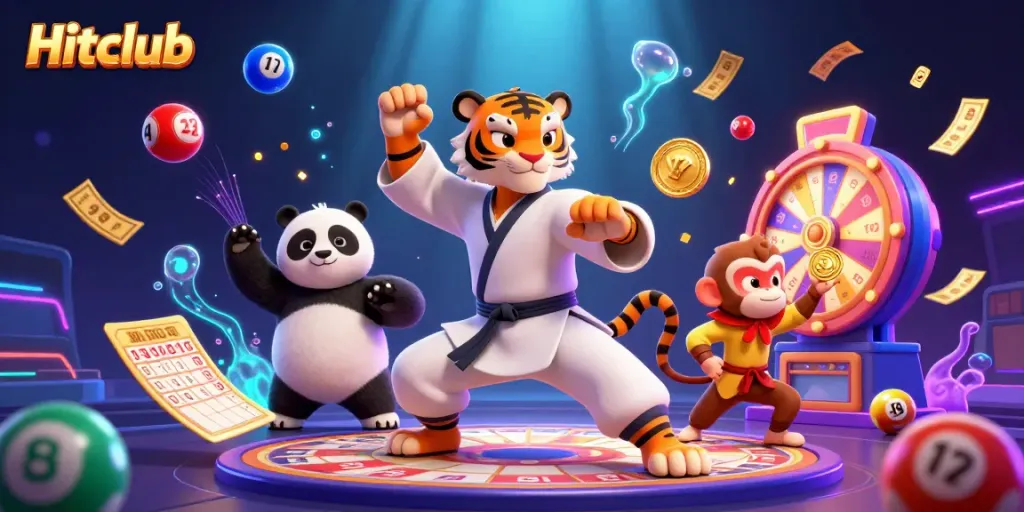 Experience Hitclub's vibrant gaming atmosphere with a kung fu-themed 3D illustration, featuring engaging characters and dynamic elements.