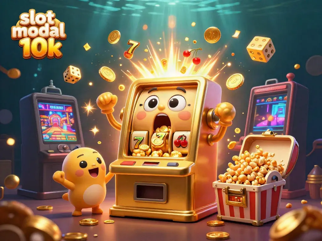 Slot modal 10k menampilkan mesin slot emas tersenyum dan kejutan jackpot yang luar biasa, dikelilingi karakter ceria.