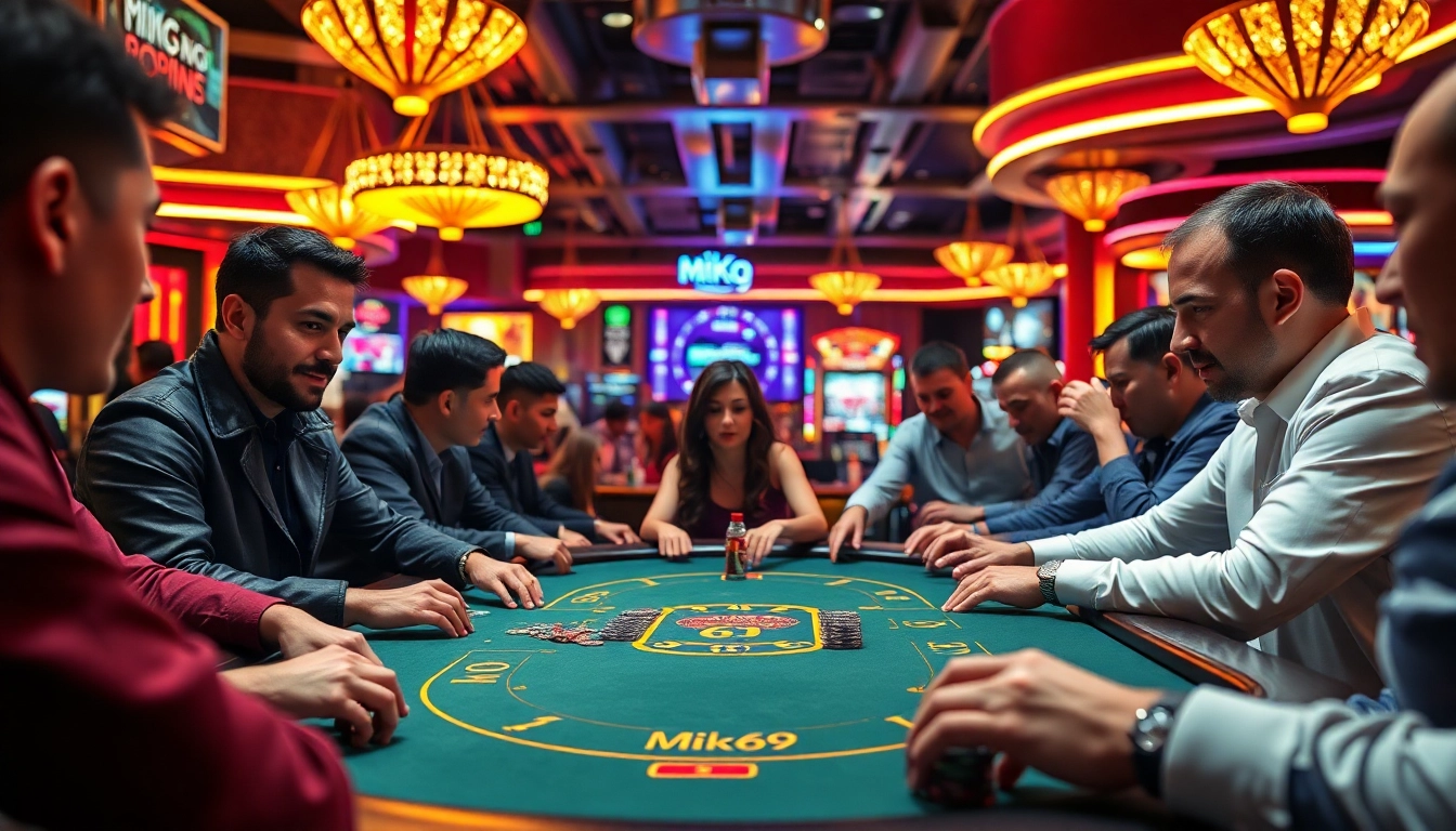 Menang besar di meja poker dengan Miko69 yang menonjol dan suasana kasino yang meriah.