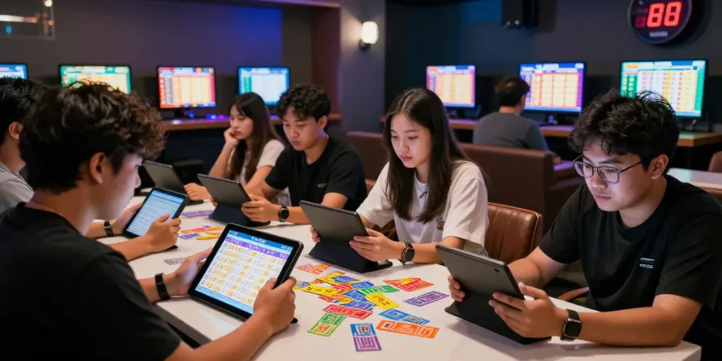 Para pemain Ratu Togel memeriksa nomor undian sambil berbagi momen seru di lokasi modern.