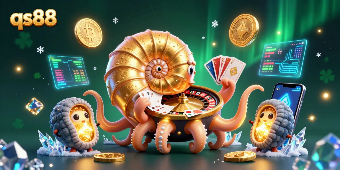 Engage in thrilling qs88 casino games with a giant nautilus roulette and glowing crypto elements.