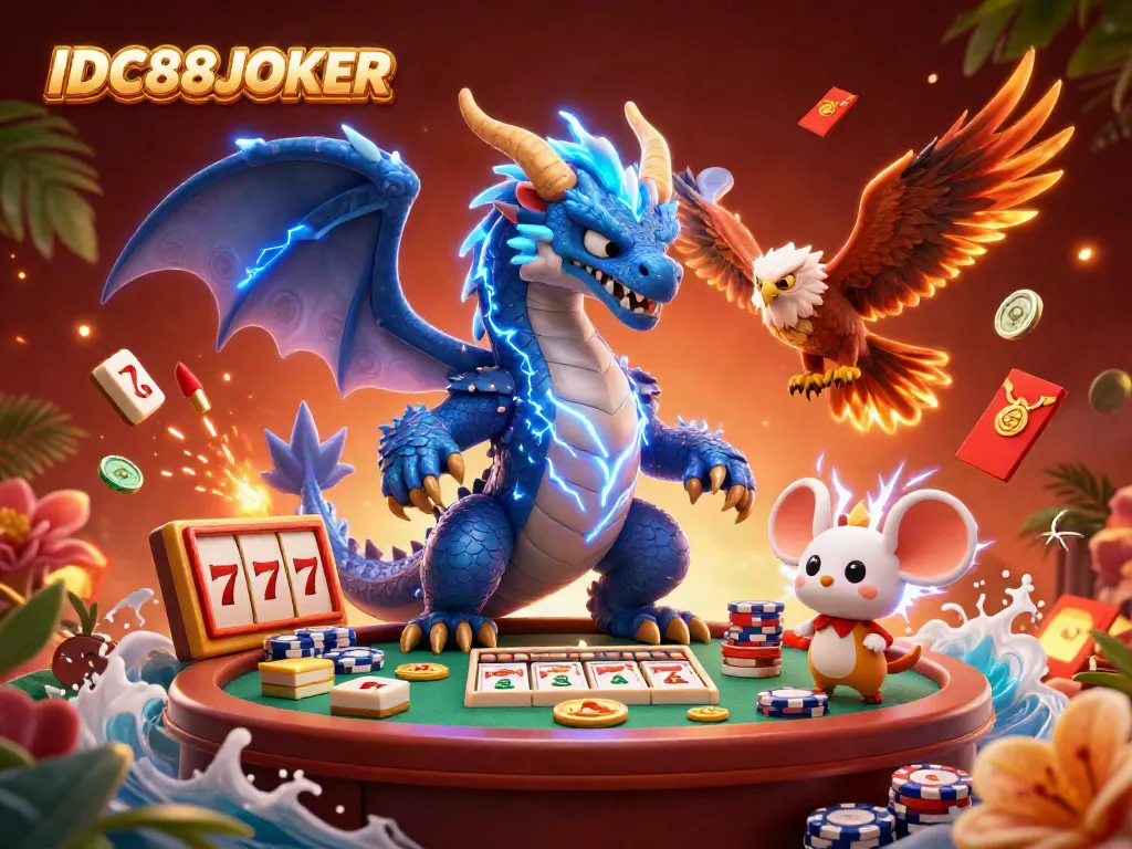 Experience the thrill of gaming with IDC88JOKER, showcasing vibrant dragons and slot reels in an electric atmosphere.