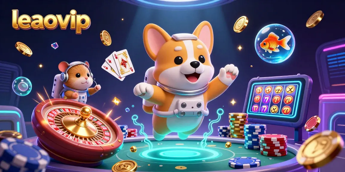 Experience leaovip's excitement with a floating corgi casino scene featuring golden coins and gaming symbols.