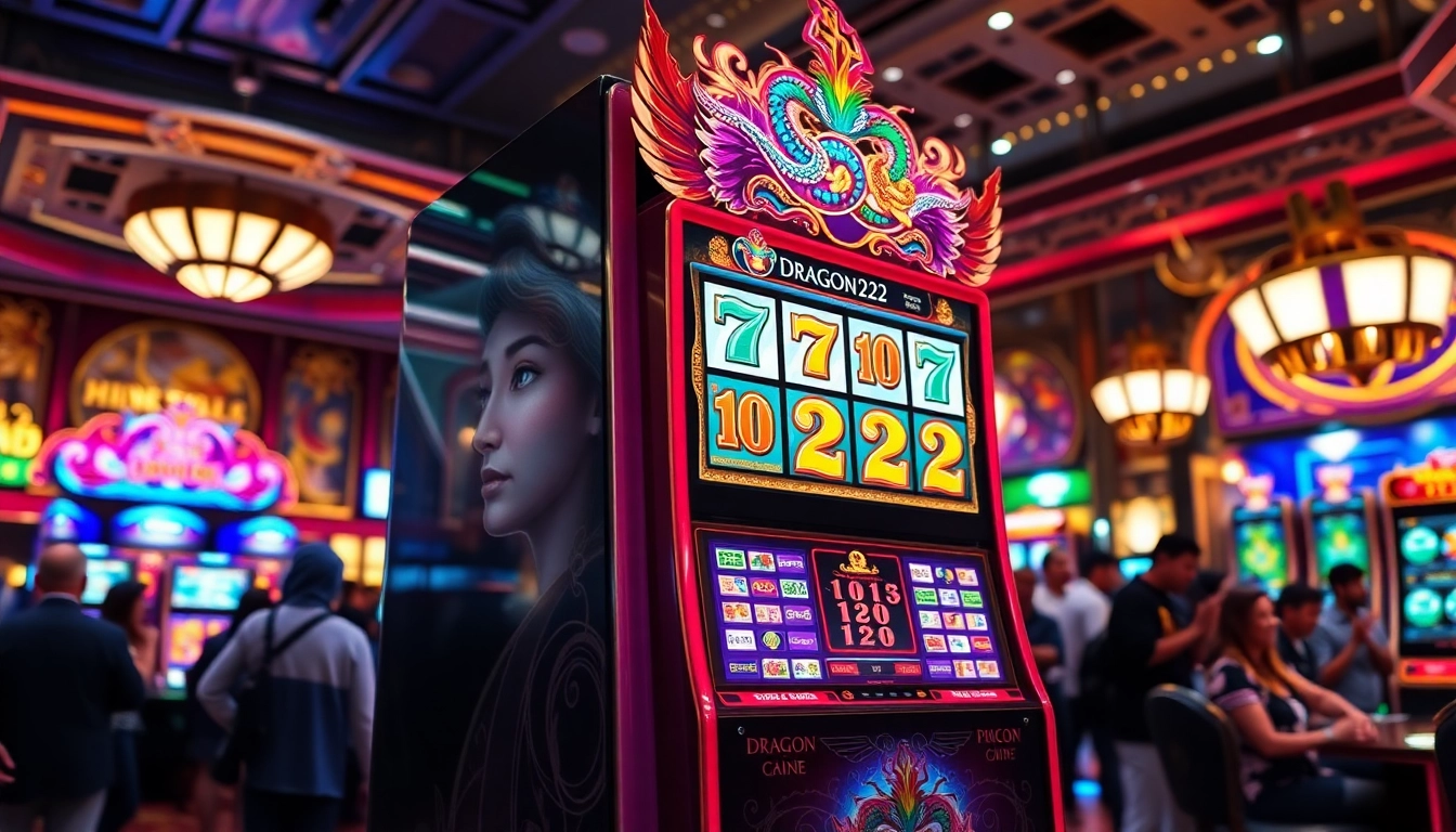 Main attraction DRAGON222 slot dengan latar belakang kasino yang ramai dan berwarna cerah.