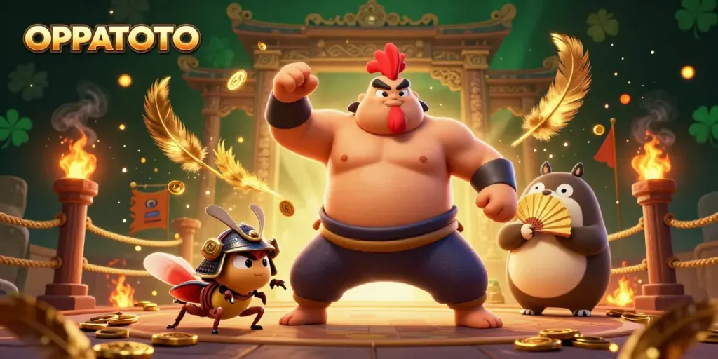 OPPATOTO showcases a dynamic arena with a powerful sumo rooster and fierce samurai cricket.