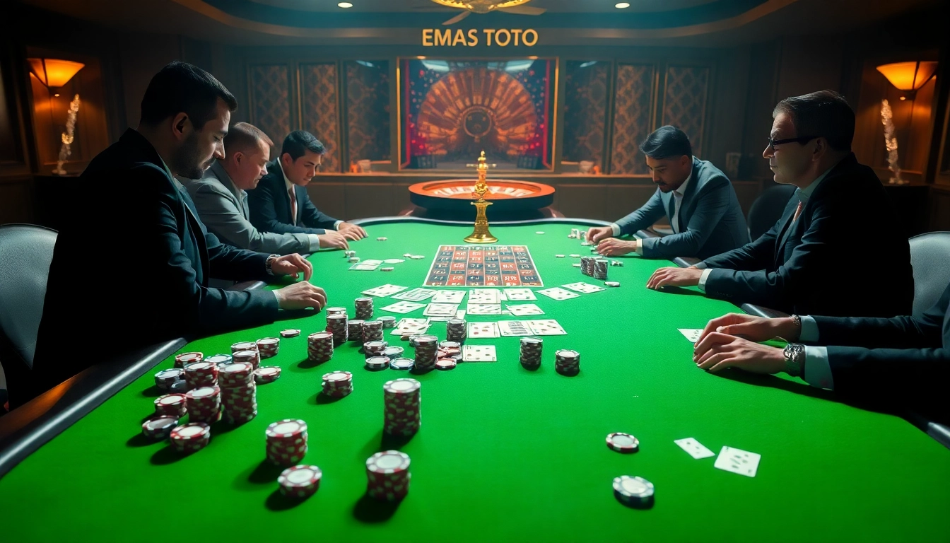 Pemain merencanakan strategi di meja poker di kasino mewah dengan elemen taruhan Emas Toto.