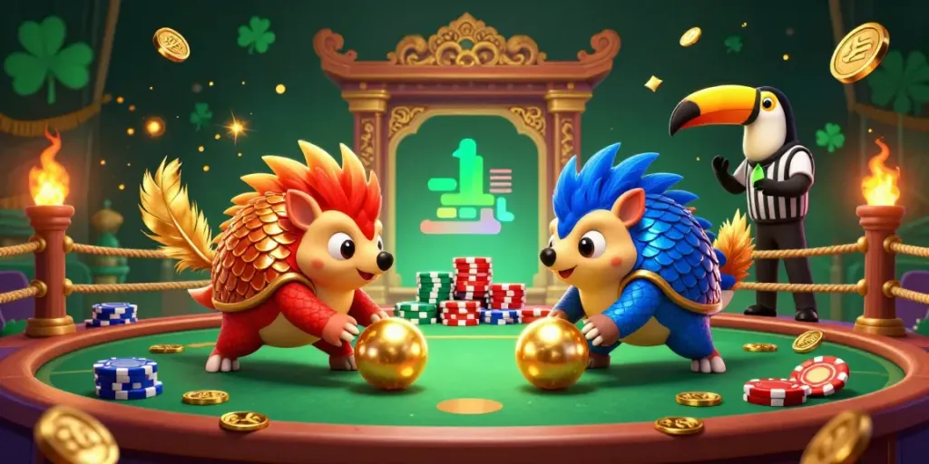 Engage in thrilling slot battles with rival pangolins amidst a rich casino atmosphere.