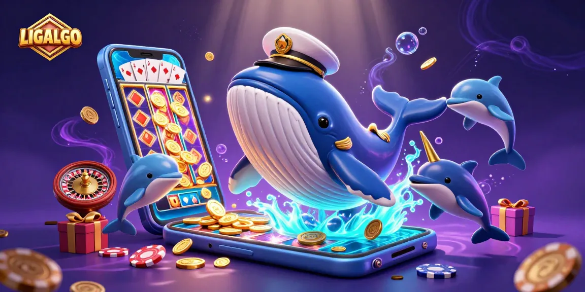 LIGALGO whale captain surrounds slot games, poker chips, and golden coins in vibrant casino scene