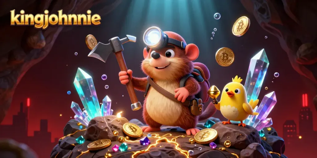 Experience thrilling gaming at kingjohnnie with a vibrant 3D cartoon scene showing mining treasures and Bitcoin.