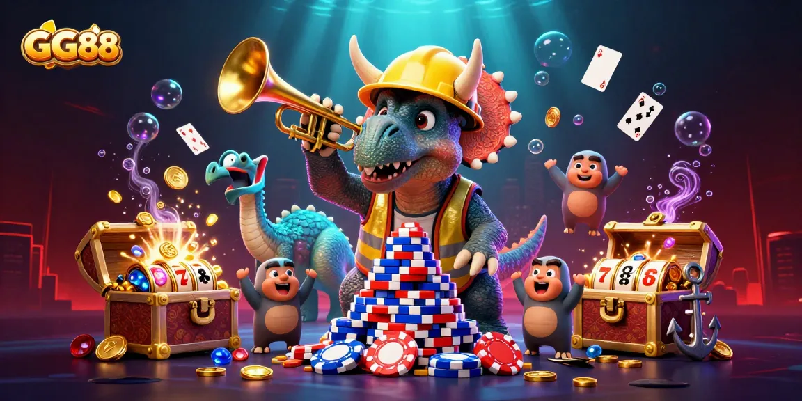 Celebrate gaming wins at GG88 with a lively casino illustration featuring vibrant characters and game elements.