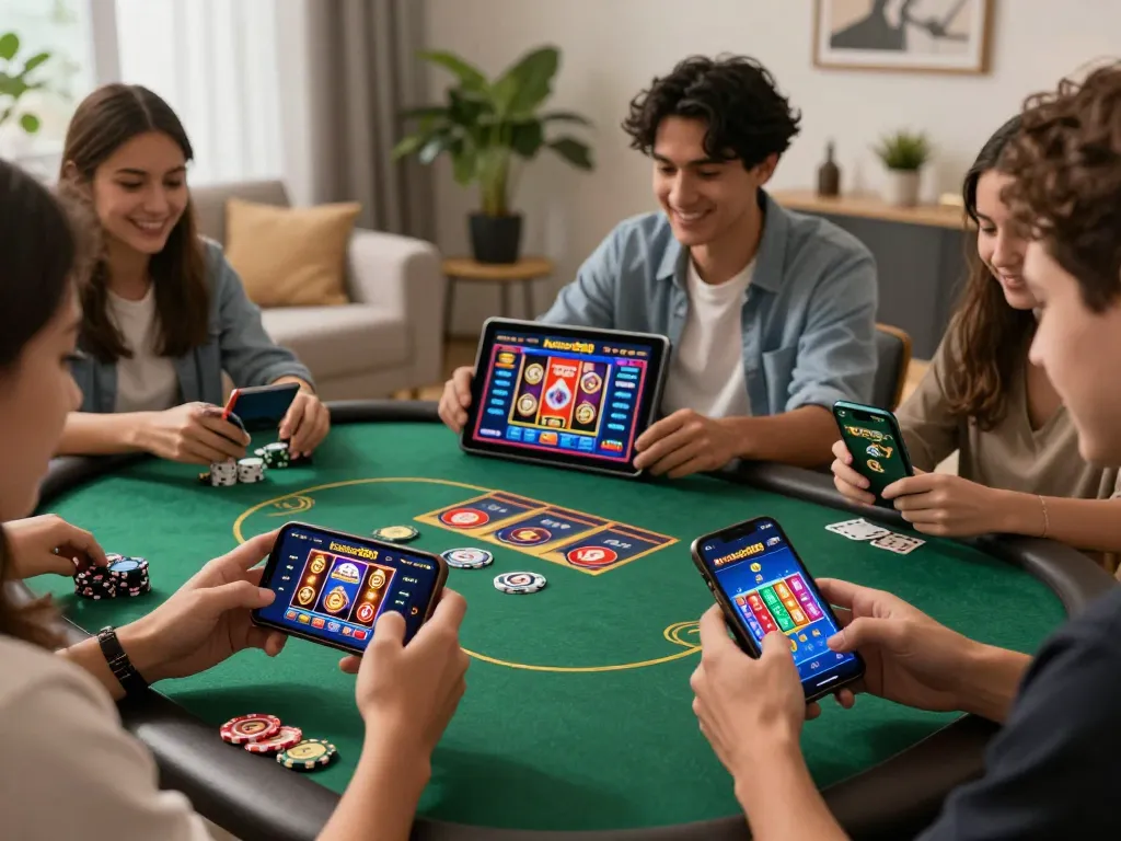 Join a kaisar888 online gaming session, showcasing players strategizing and engaging with casino games on smartphones.