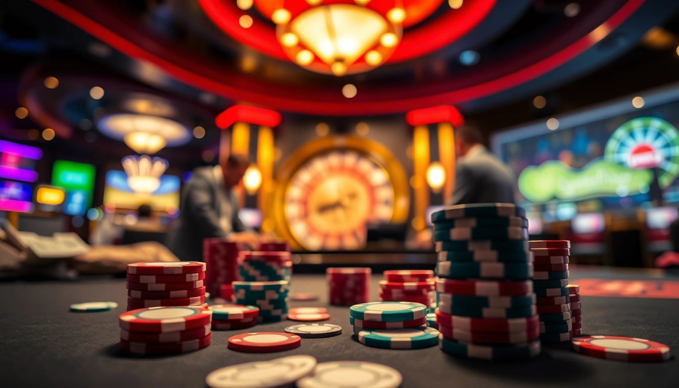 Permainan gta togel dengan suasana kasino yang ramai dan berwarna-warni, menunjukkan chip dan kartu yang menarik.