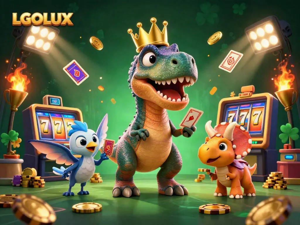 Experience gaming thrills at LGOLUX with a friendly T-Rex shuffling cards surrounded by exciting casino elements.