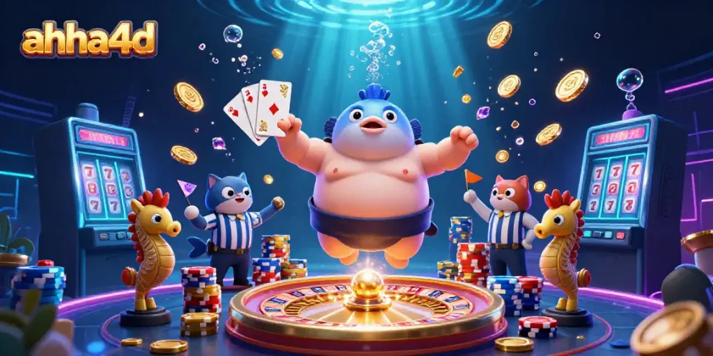 Gambaran aktivitas menarik di ahha4d dengan ikan fugu, juri ikan lele, dan penonton kuda laut.