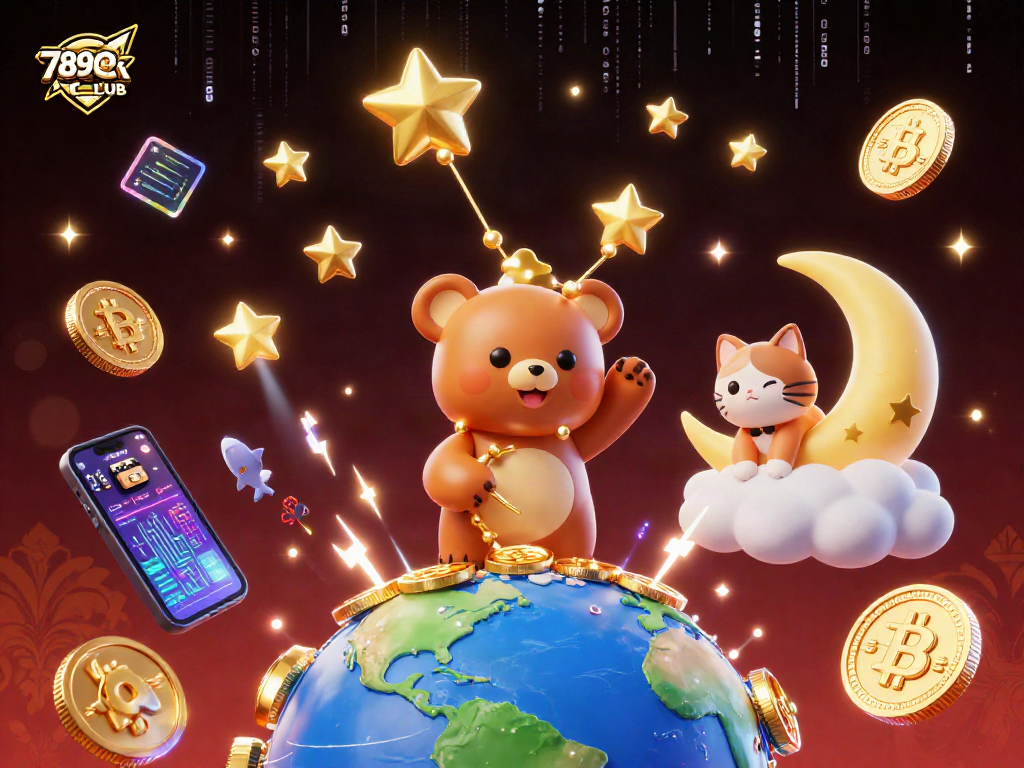 Experience the thrill at 789CLUB with a vibrant 3D casino scene filled with gold coins and crypto symbols.