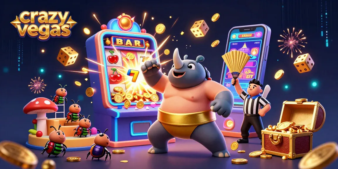 Experience the thrill of crazyvegas with a dynamic slot machine jackpot illustration featuring a fierce beetle champion.
