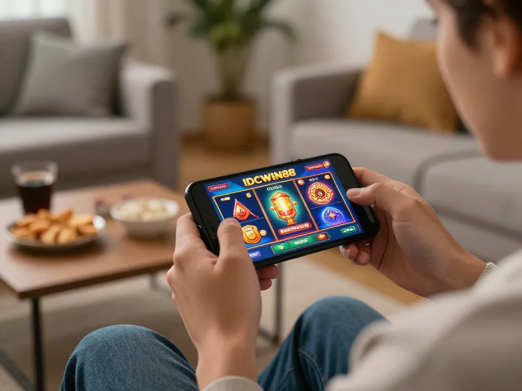 Player enjoying IDCWIN88 online slots on smartphone in cozy, inviting home setting.