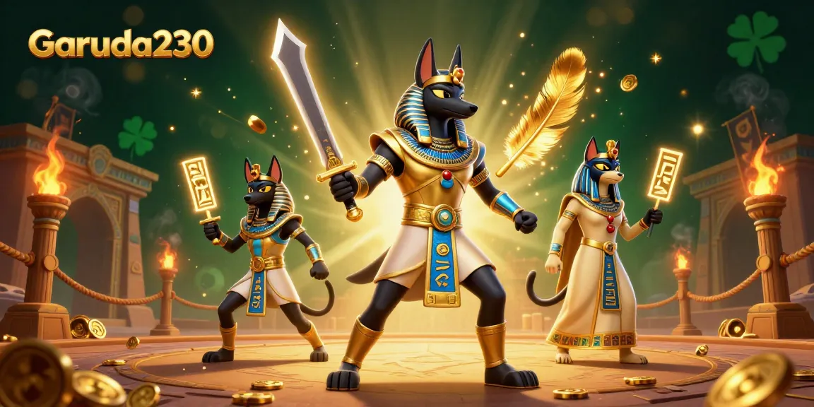Experience excitement with Garuda230 featuring an Anubis warrior surrounded by casino elements.