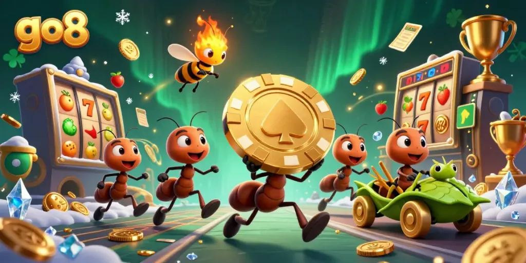 Experience thrilling wins at go8, as ants execute a heist for a giant poker chip amidst vibrant casino elements.