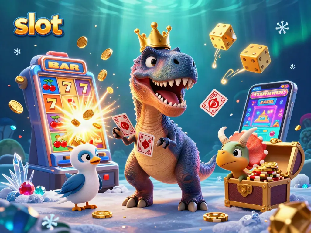 Slot gacor dengan karakter dinasaurus yang bermain kartu dalam suasana kasino 3D yang ceria